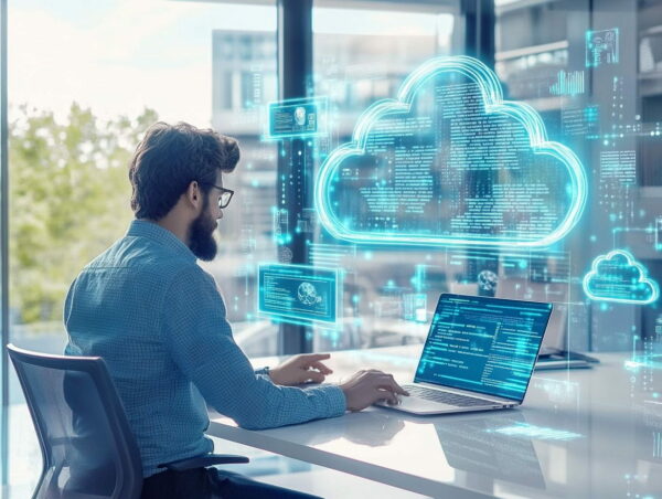 FaaS und Cloud-Computing: Entwickler bei der Arbeit Entwickler arbeitet an FaaS (Function as a Service) im Cloud-Computing mit digitalen Icons im Hintergrund.