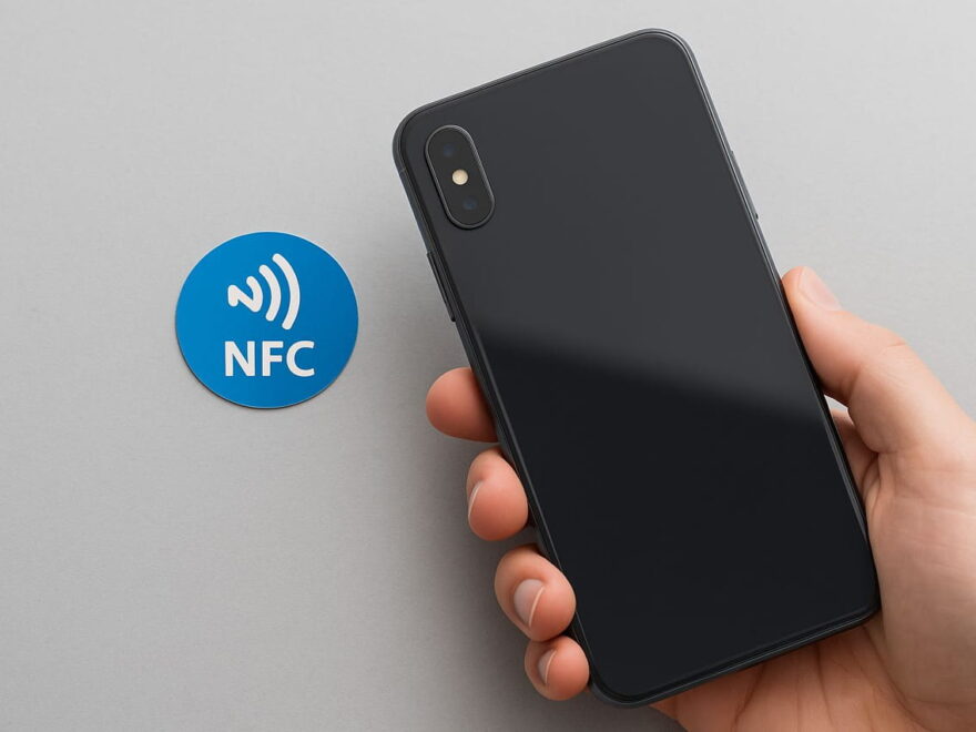 Smartphone wird über einem NFC-Tag gehalten zur Steuerung von Geräten
